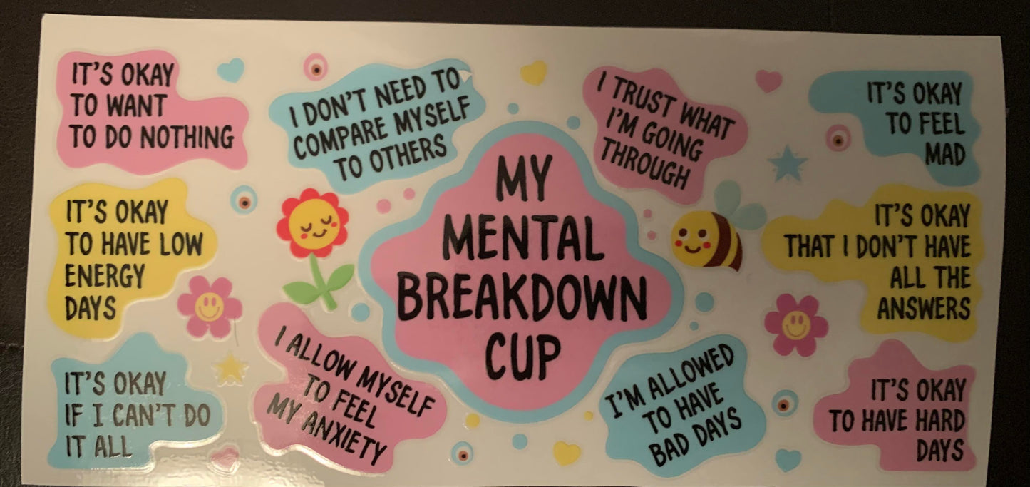 UV DTF Printed Sticker wrap for 16oz Libby glass-Mental breakdown cup