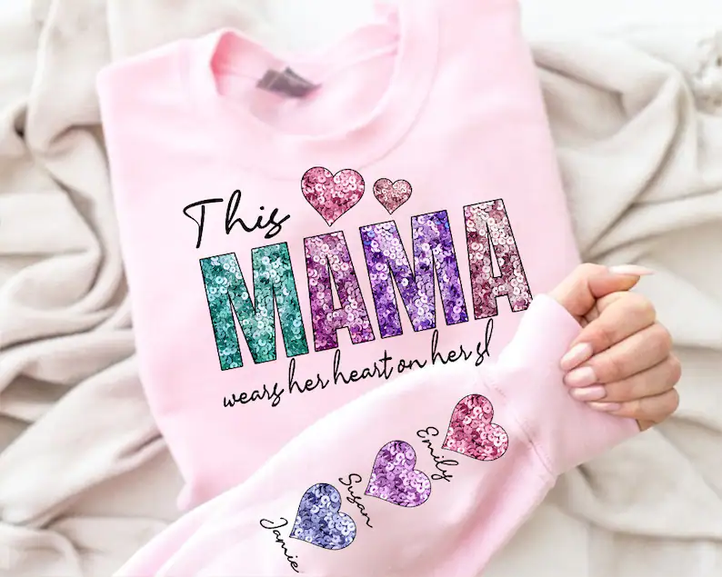 MAMA with hearts on sleeve SEQUIN DTF TRANSFER
