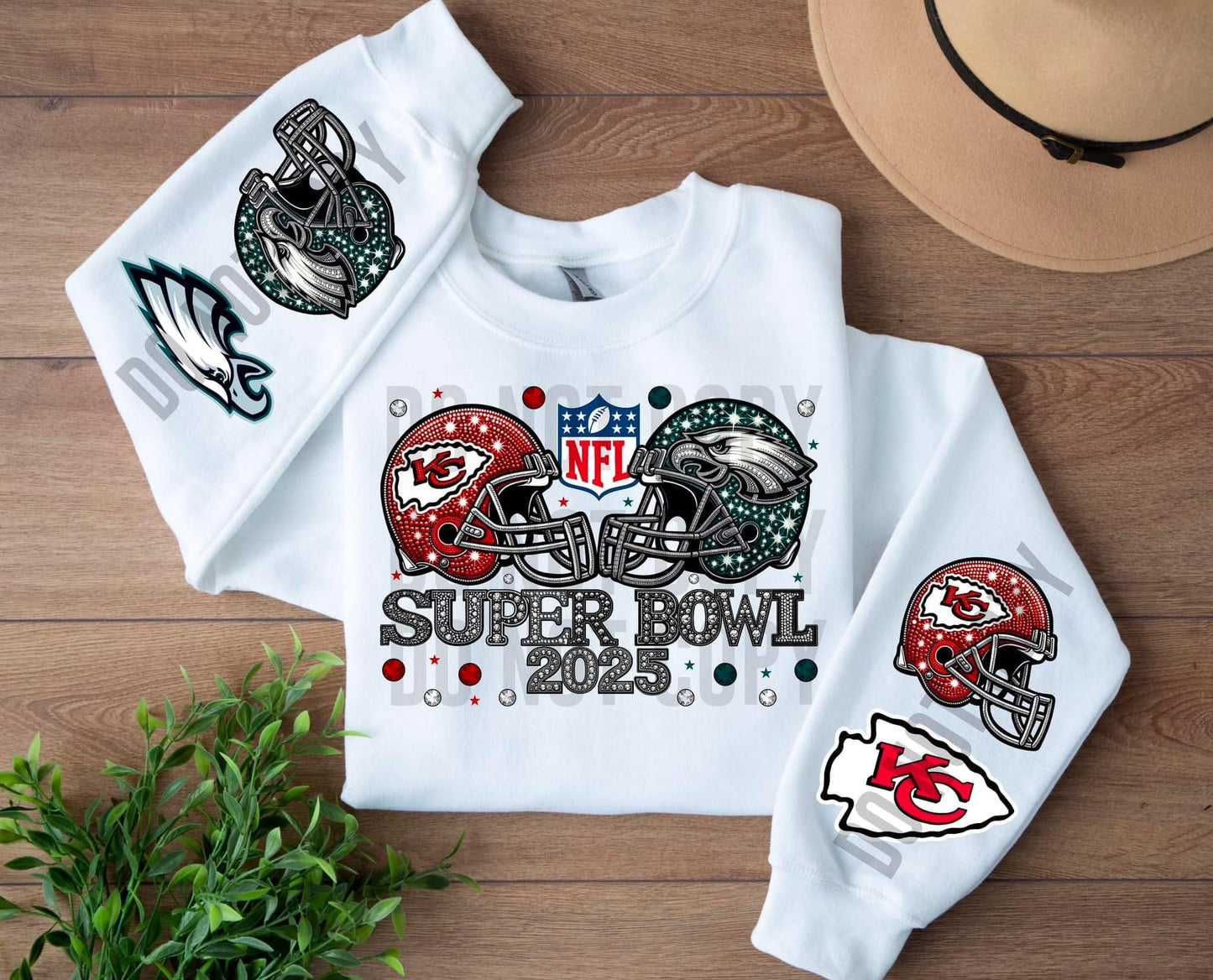 Super Bowl Kansas City Eagles 2025 2 helmets with Faux Rhinestones (sleeves optional) DTF Transfer