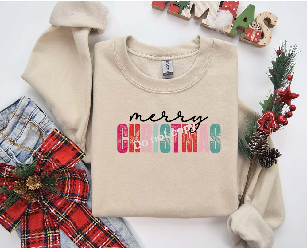 Merry Christmas black script and bright color text DTF Transfer