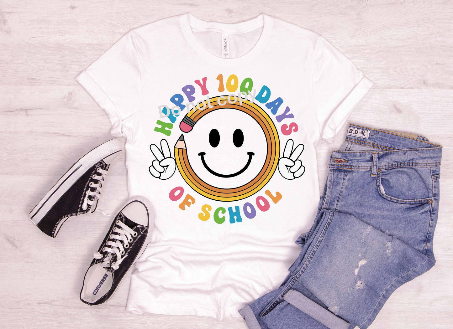 100 days of school with white smiley and peace hands DTF TRANSFER