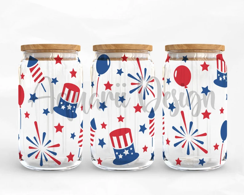 UV DTF Printed Sticker wrap for 16oz Libby glass- 4th of july fireworks
