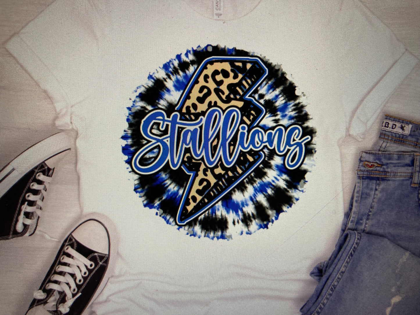 Tye Die Lightning bolt Stallions Blue/White DTF Transfer