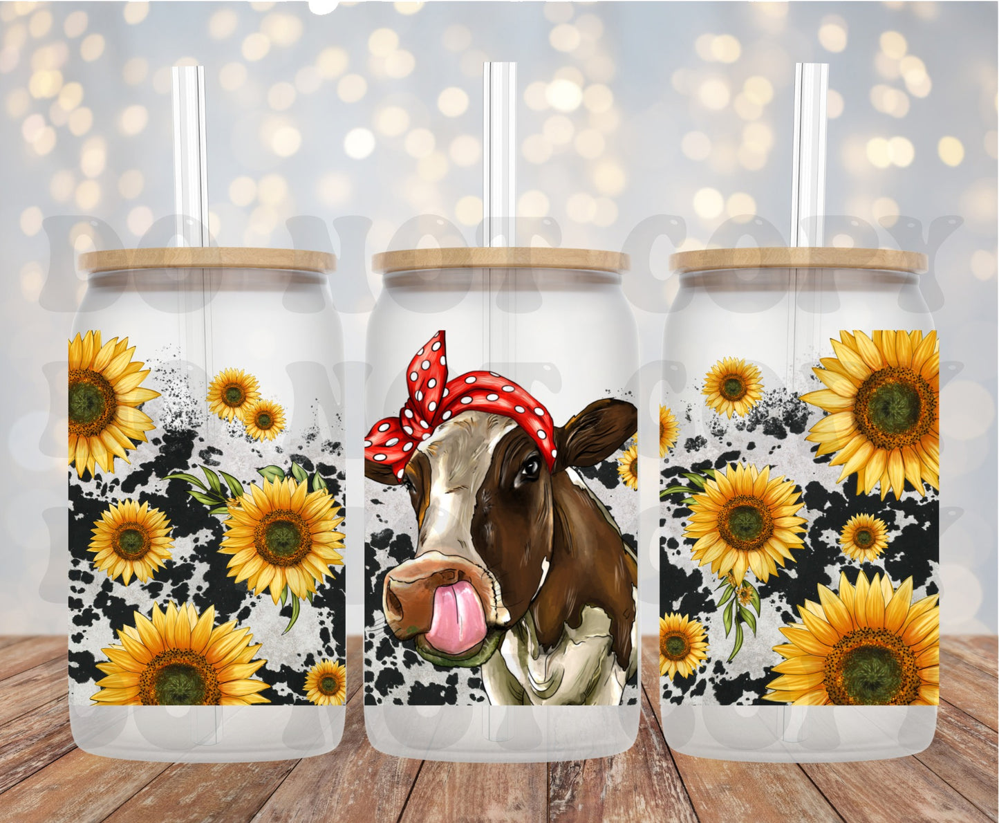 UV DTF Printed Sticker wrap for 16oz Libby glass-Cow with sunflowers