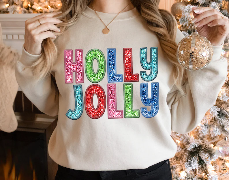 Christmas Holly Jolly faux sequin DTF Transfer