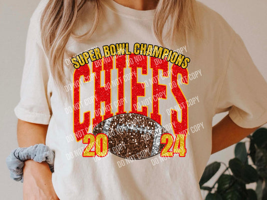 Kansas City Super bowl Champions with sequin football YEAR 2024 DTF Transfer