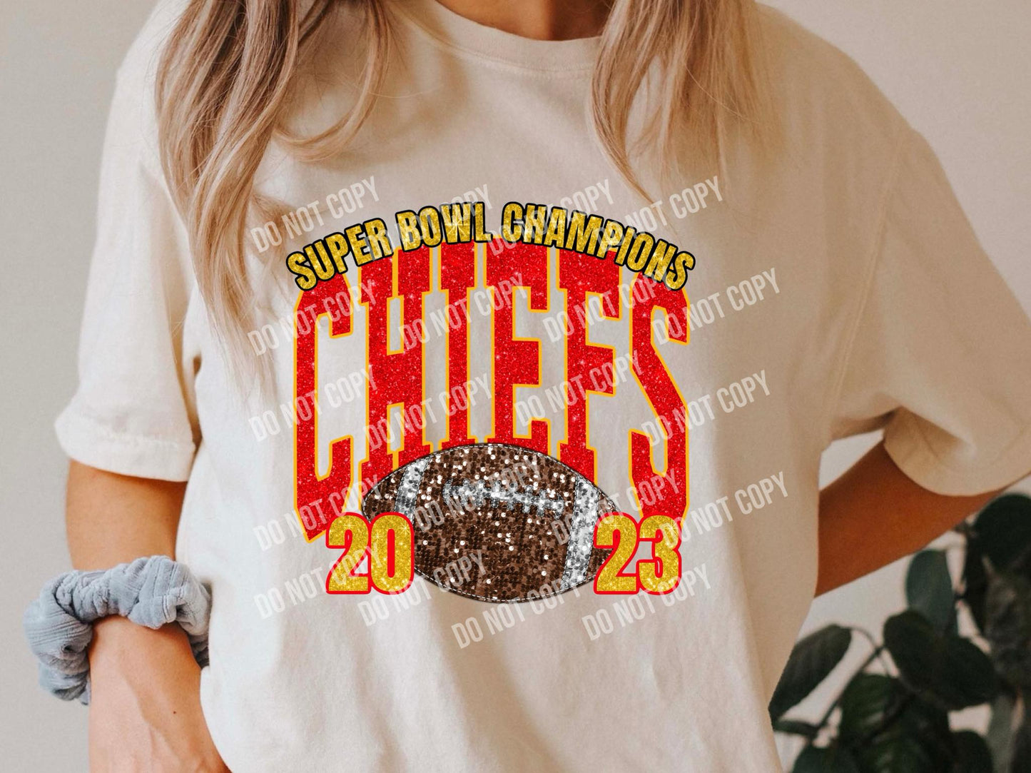 Kansas City Super bowl Champions with sequin football YEAR 2023 DTF Transfer