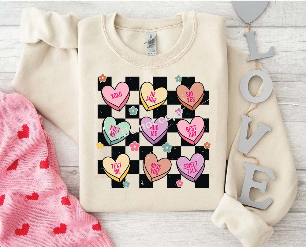 Valentines Conversation hearts with checkered bkgd 316 DTF Transfer