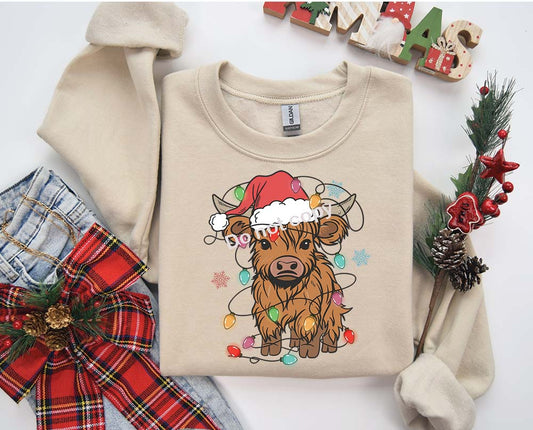 Christmas Highland cow with lights DTF Transfer