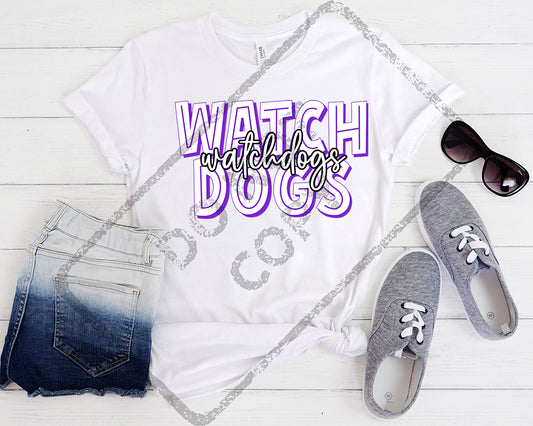 Script and Block School Mascot WATCHDOGS PUR/WH DTF Transfer