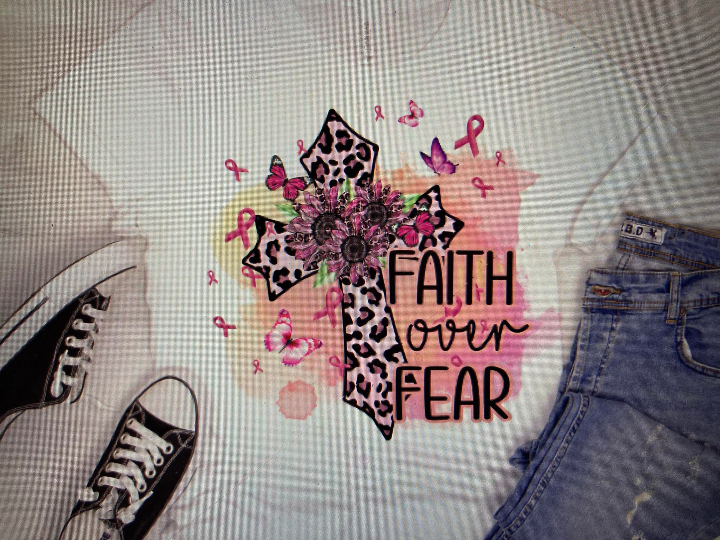 Breast Cancer Awareness Faith over fear with butterflies  DTF Transfer