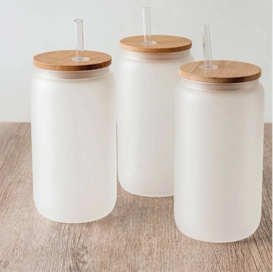 Sublimation Frosted 16oz Glass Cans with Bamboo Lids and Straws