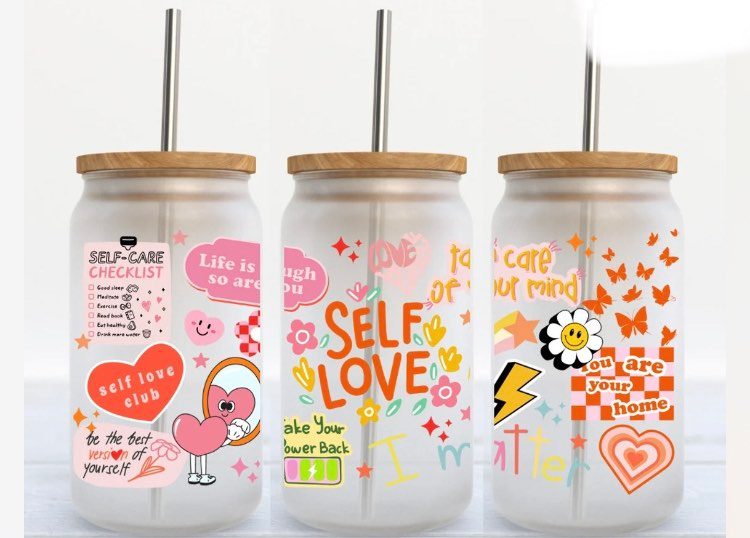 UV DTF Printed Sticker  wrap for 16oz Libby glass-Self Love