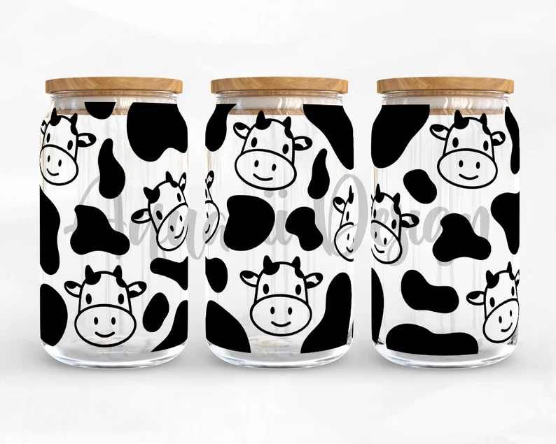 UV DTF Printed Sticker wrap for 16oz Libby glass- Cow heads with black spots