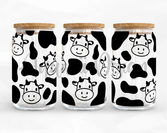 UV DTF Printed Sticker wrap for 16oz Libby glass- Cow heads with black spots