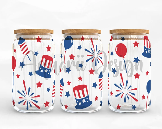 UV DTF Printed Sticker  wrap for 16oz Libby glass- 4th of july fireworks