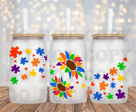 UV DTF Printed Sticker wrap for 16oz Libby glass-Swirl Autism Puzzle