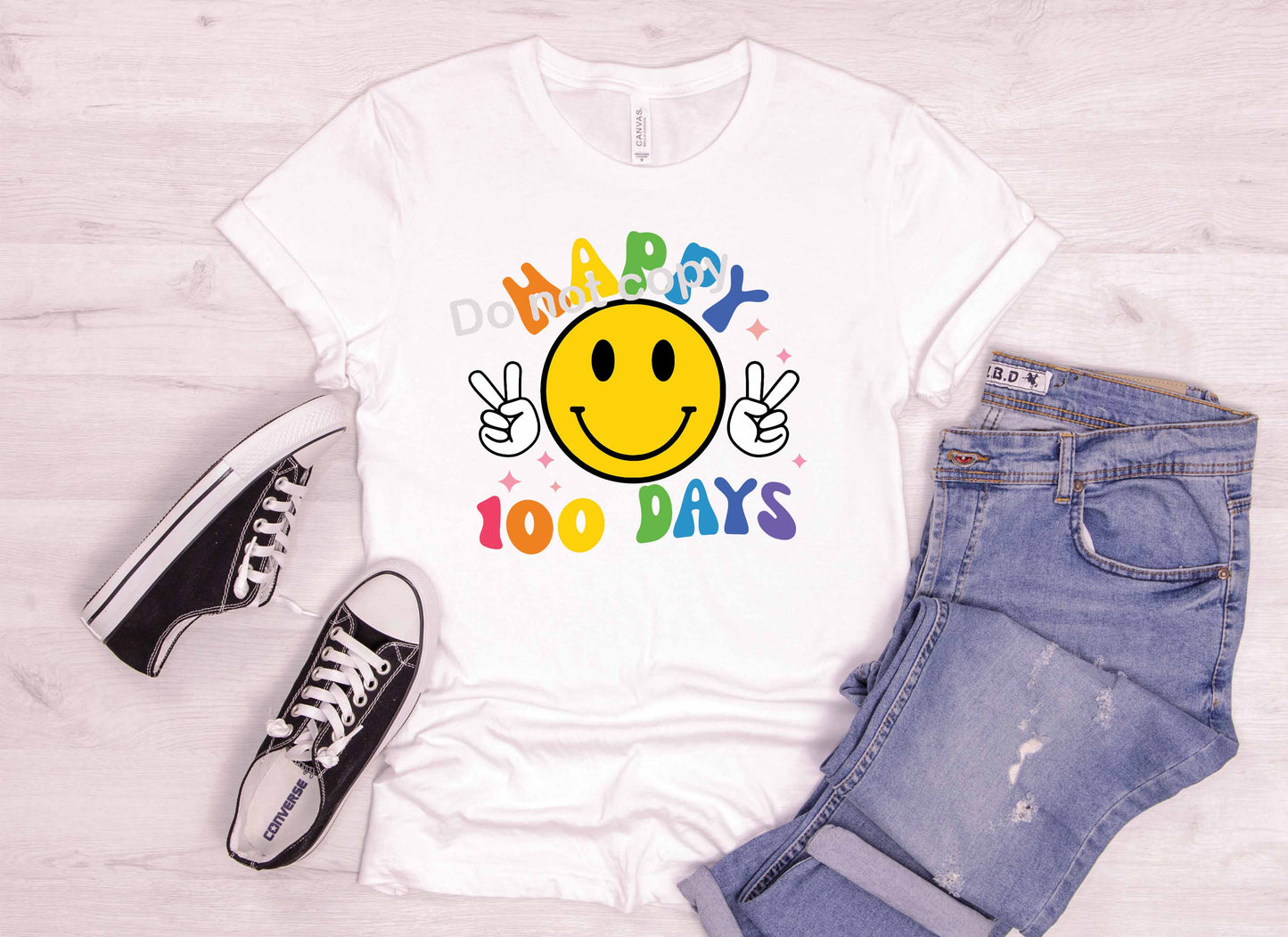 100 days of school with multicolor smiley and peace hands  DTF TRANSFER