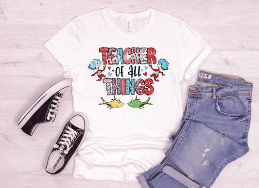 Dr Seuss Teacher of all things with thing 1 2 and fish DTF TRANSFER